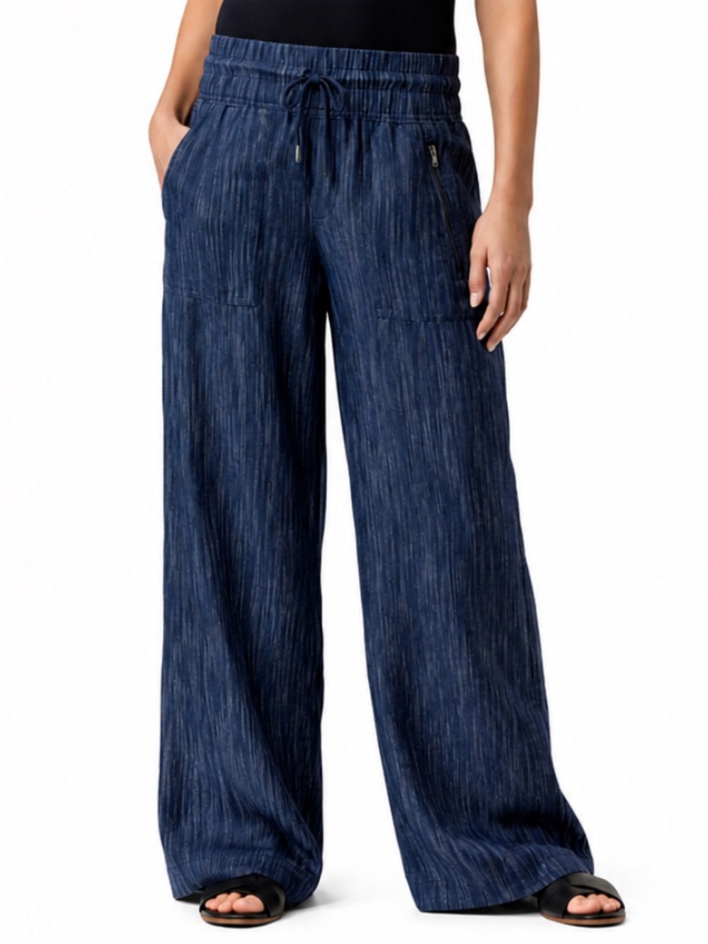 Athleta Cabo Linen Textured Wide Leg Pants In Dress Blue Texture Size 10 EUC!